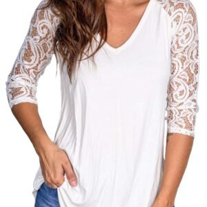 Women's Lace Short Sleeve V-Neck T-Shirt Loose Casual Summer Tee Tops