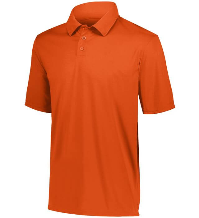 A men's orange polo shirt on a white background.